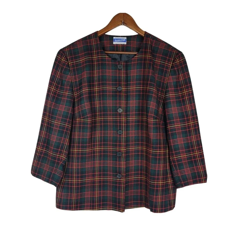 Vintage Pendleton Red Green Plaid 100% Wool Blazer No Size Tag - Picture 1 of 7